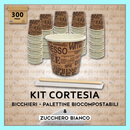 Kit Cortesia Bicchieri Palettine e Zucchero Bianco Biodegradabili Biocompostabili 100 pezzi per tipo (Tot 300 Pezzi)