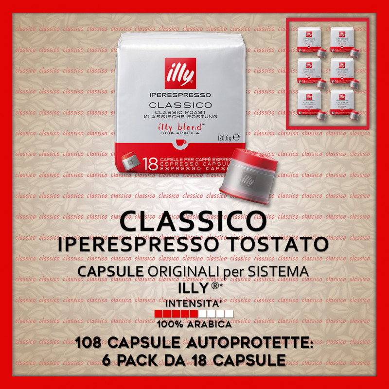 Classico Iperespresso Tostato Originali Illy* 108 Caps: 6 Pack x 18 Capsule Autoprotette