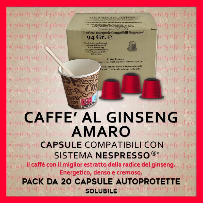 CAFFE’ AL GINSENG AMARO Solubile Compatibili Nespresso*: 20 Capsule autoprotette